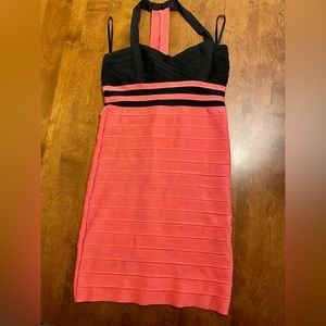 Bebe Colorblock Black and Pink Exposed Back Bandage Fitted Dress